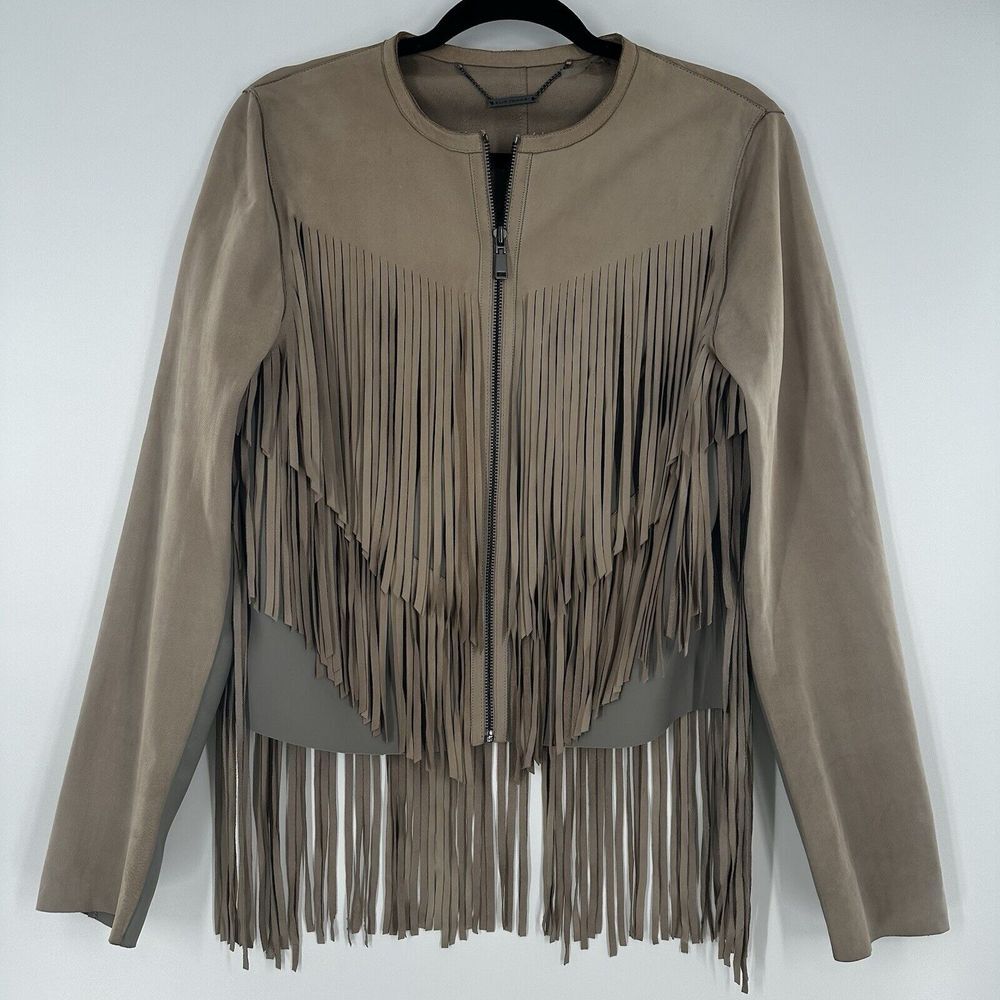 Elie Tahari Paulina Women Sz M‎ Fringe Jacket Tan Taupe Goat Leather Zip Up